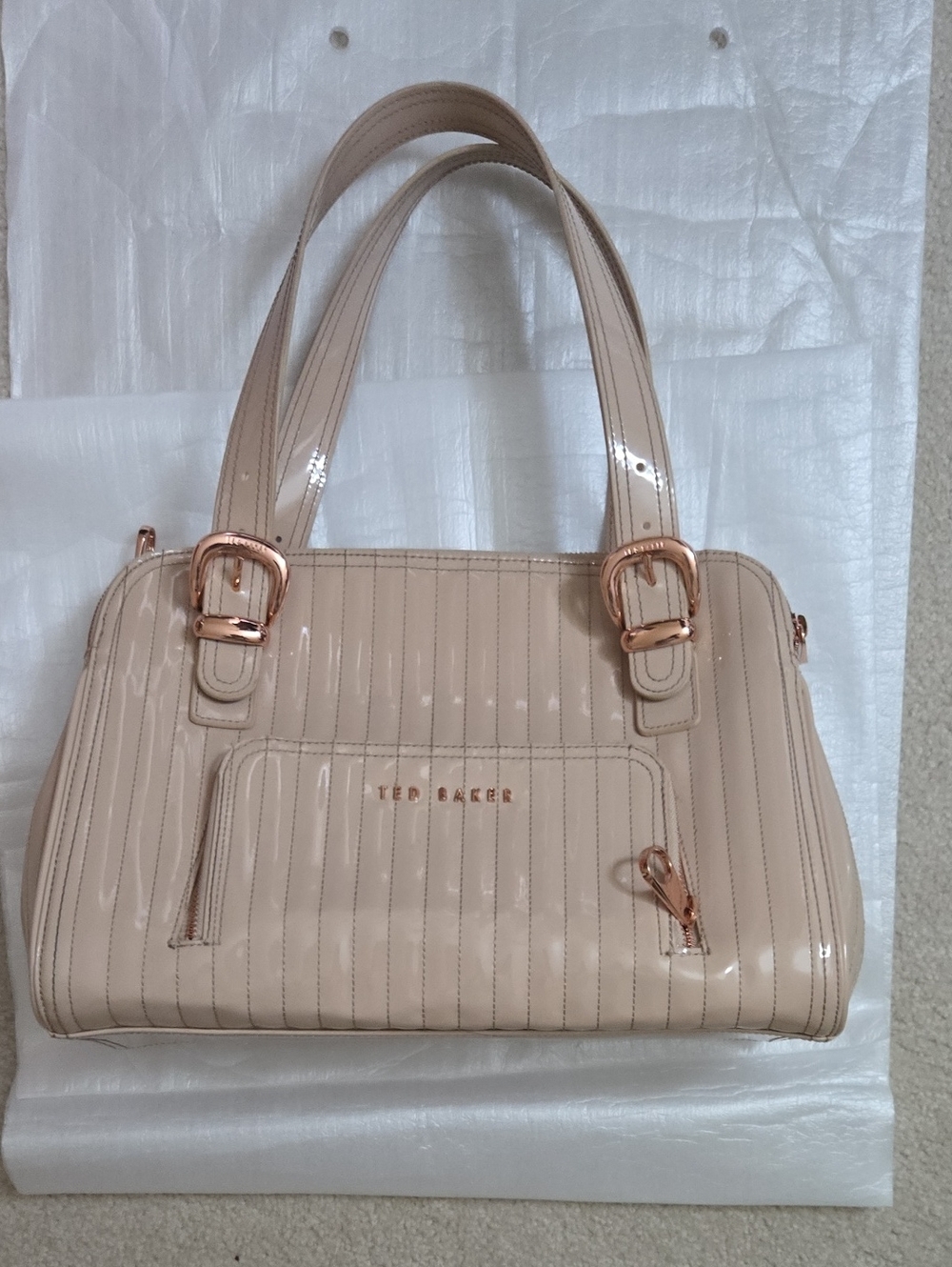 Ted Baker Pale Light Pink Patent Shoulder Bag with Rose-Gold Hardware